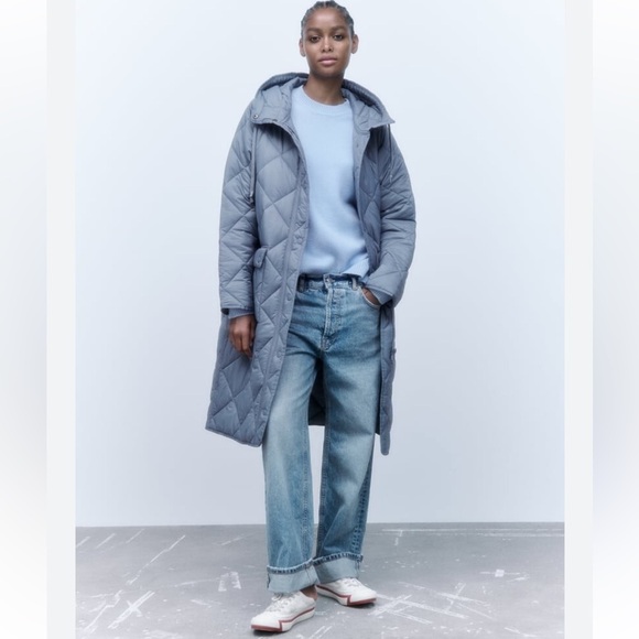 Zara Blue Quilted Puffer Coat Longline - Picture 1 of 11